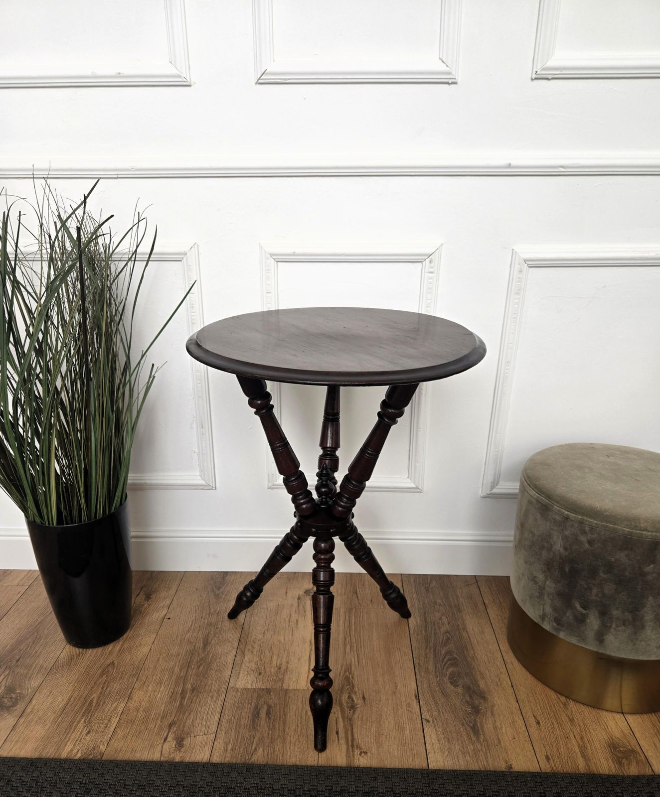 Antique Italian Round Walnut Tripod Side Table With Carved Bun Stretcher photo buy