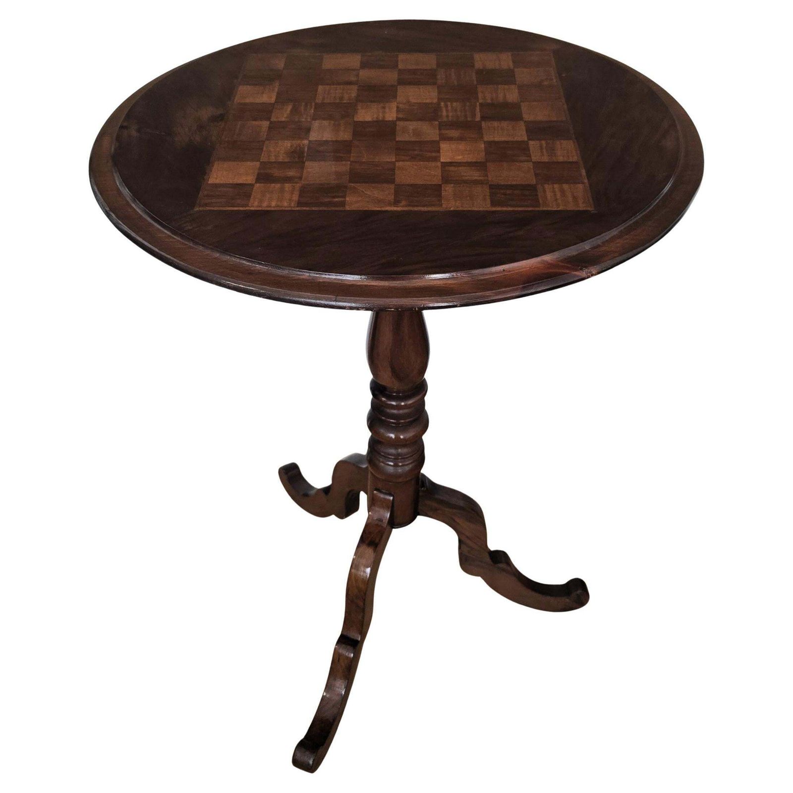 Neoclassical Italian Walnut Inlay Tripod Chess Games Or Side Table