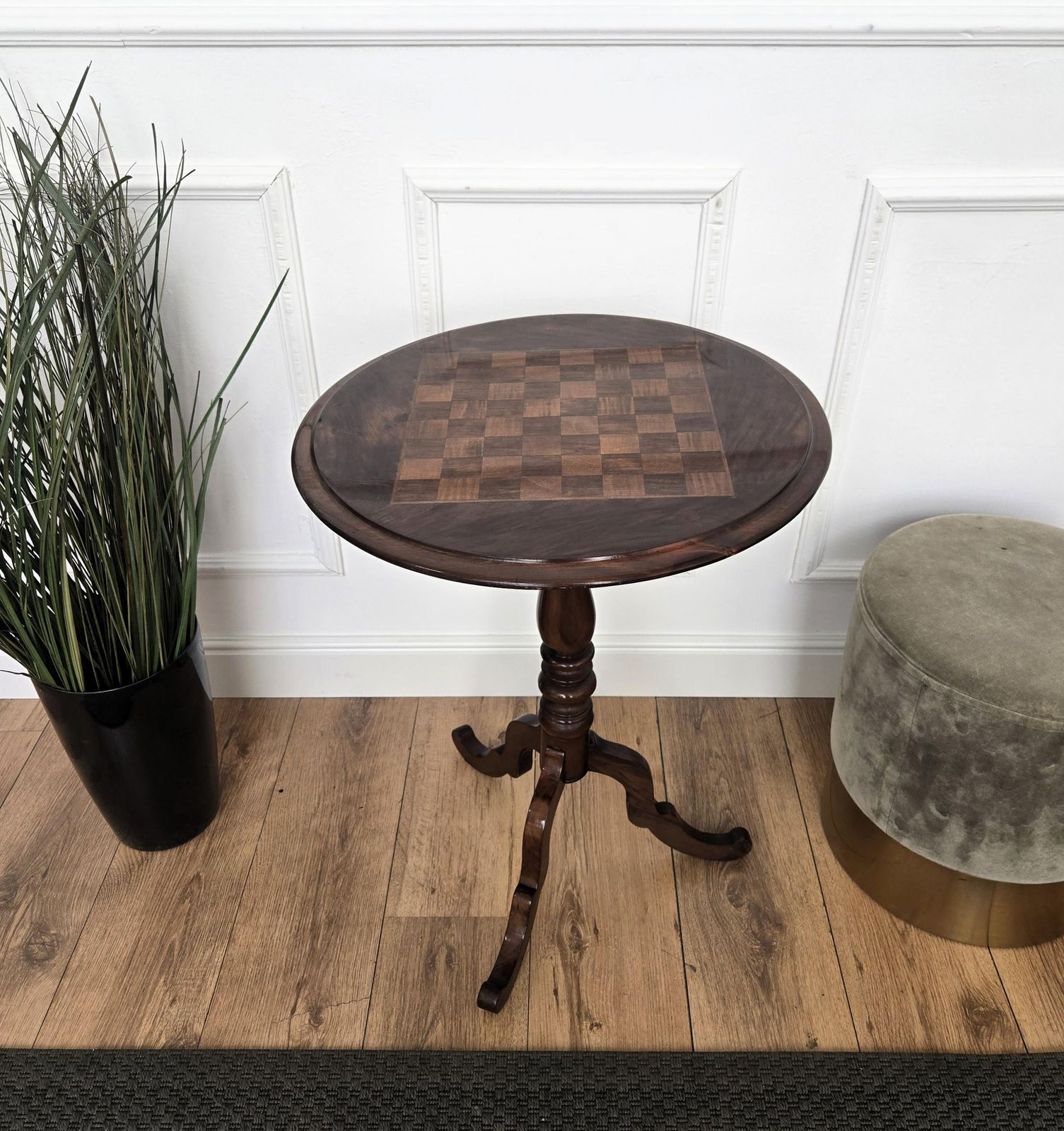 Neoclassical Italian Walnut Inlay Tripod Chess Games Or Side Table photo buy