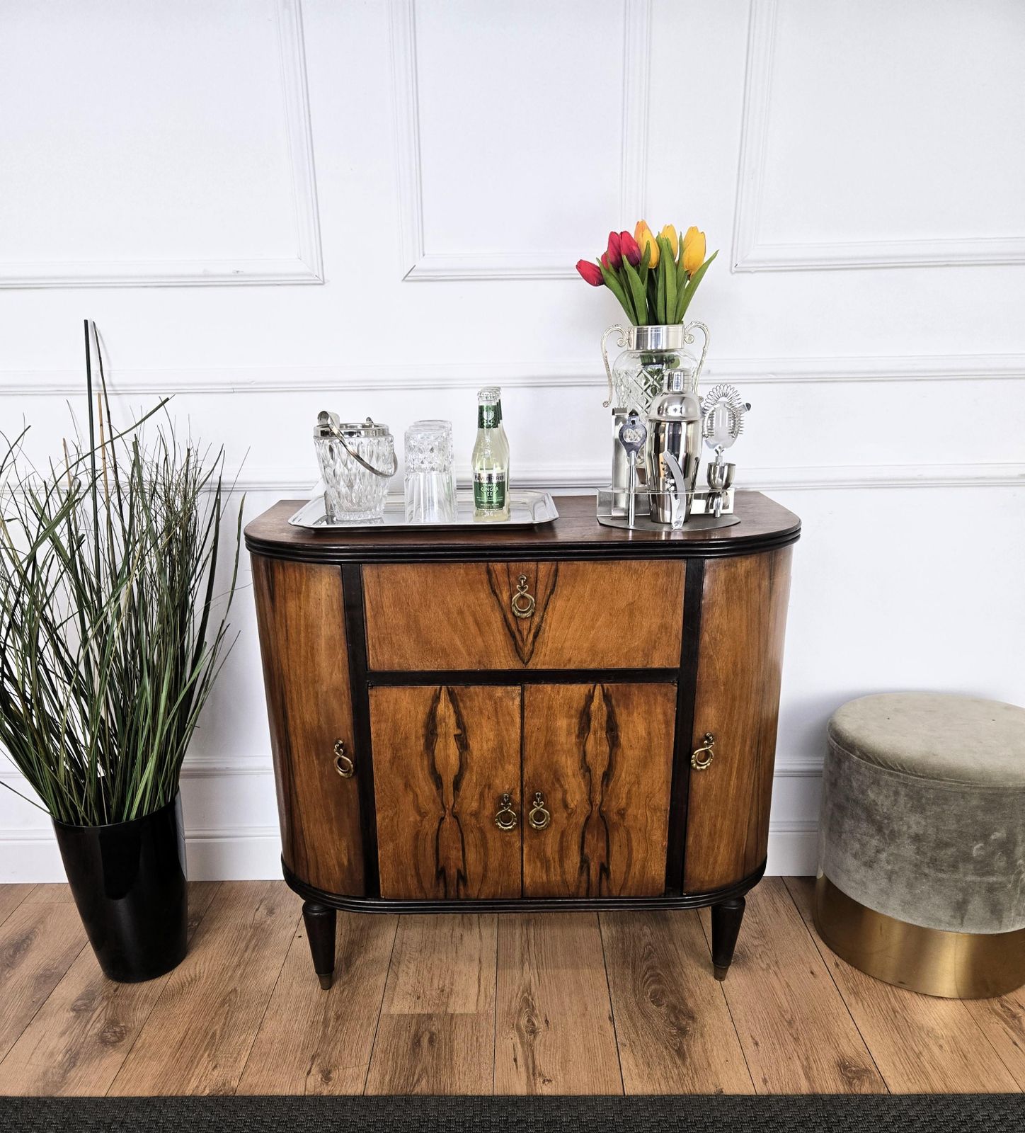 1960s Art Deco Mid Century Italian Walnut Burl And Mirror Mosaic Dry Bar Cabinet photo furniture