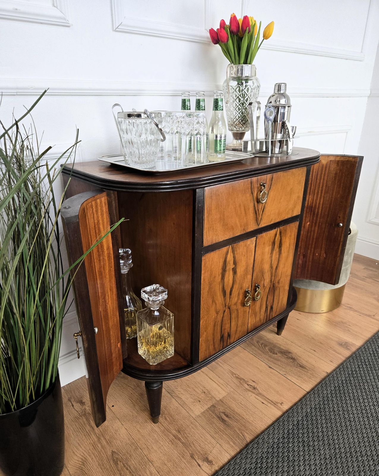 1960s Art Deco Mid Century Italian Walnut Burl And Mirror Mosaic Dry Bar Cabinet photo 2214.0