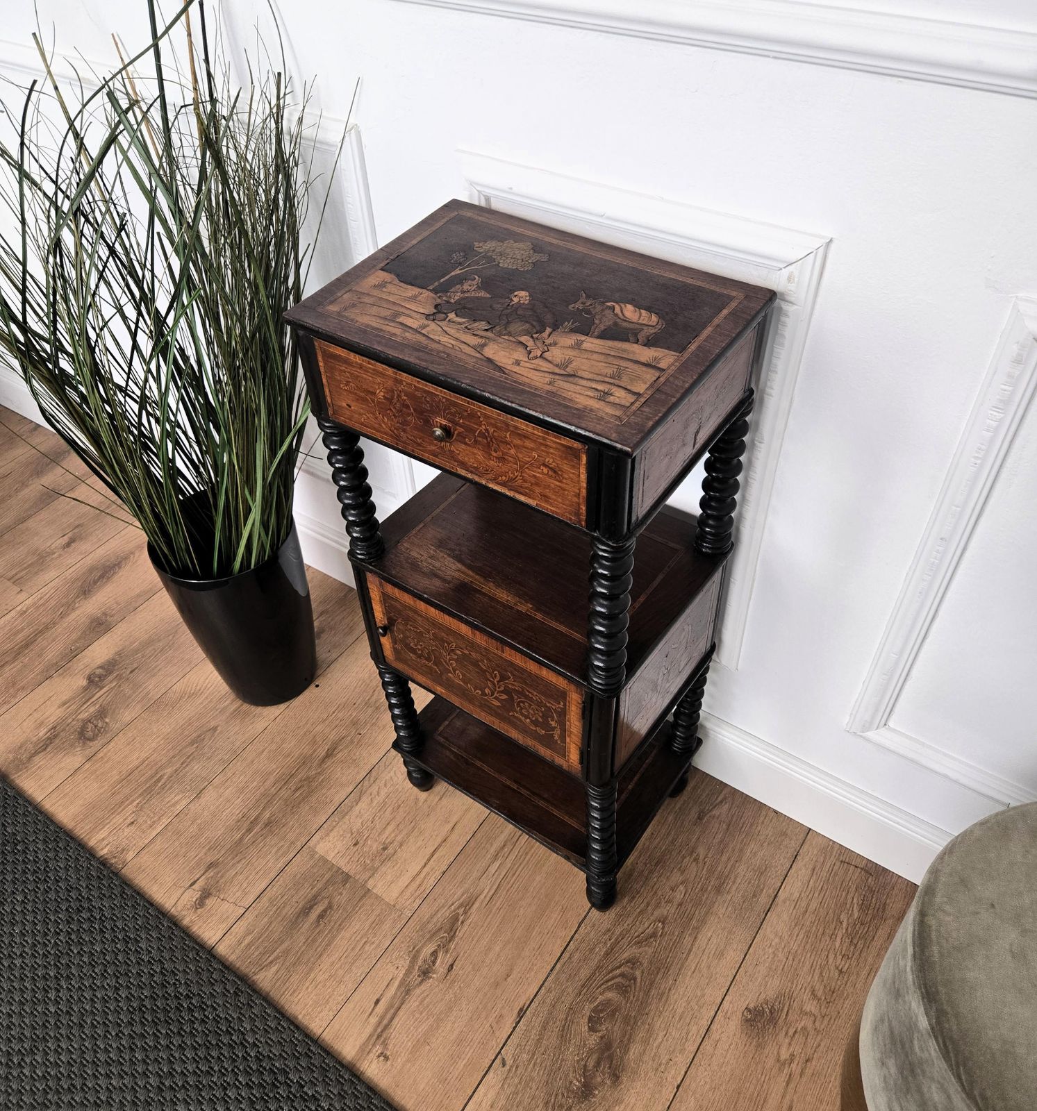 Italian Antique Marquetry Fruitwood Inlay Bobbin Turned Sofa Side Table photo for sale