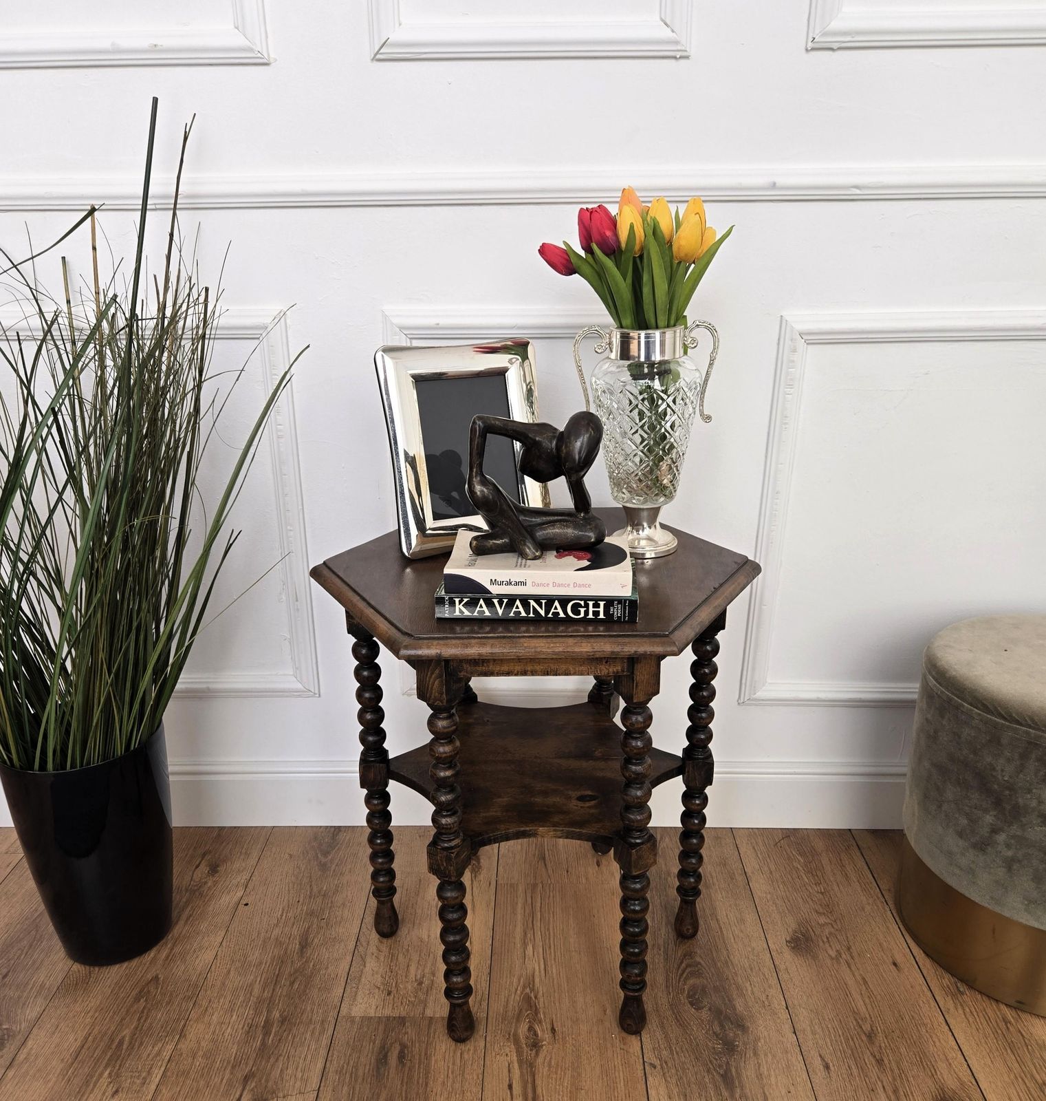 Antique Italian Hexagonal Walnut Side Table Or Stool With Bobbin Turned Legs photo Furniture