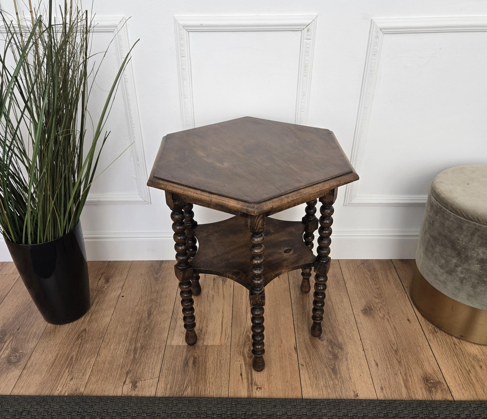 Antique Italian Hexagonal Walnut Side Table Or Stool With Bobbin Turned Legs photo vintage