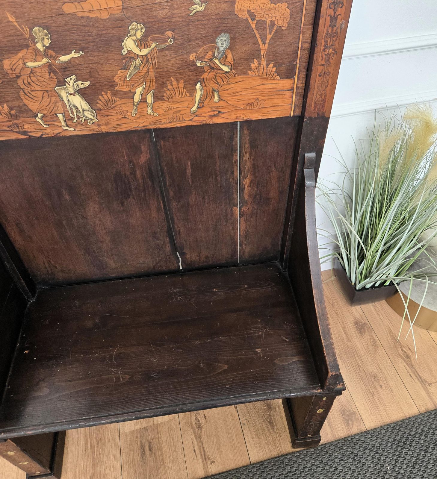 photo for sale Antique Italian Primitive Rustic Country Marquetry Inlay Wooden Bench