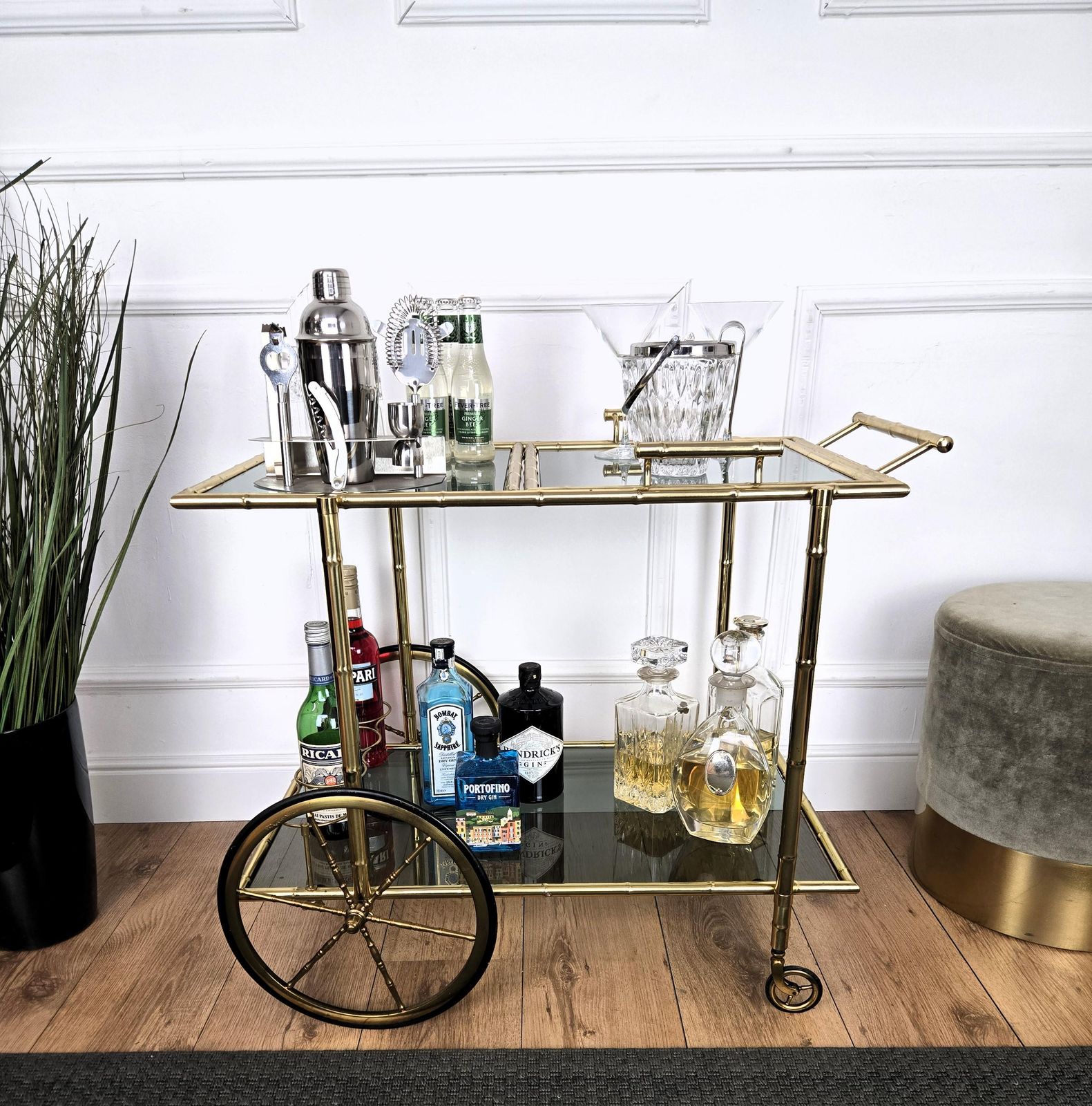 Mid Century Hollywood Regency Two Tier Brass And Glass Bar Cart, Italy, 1970s photo furniture