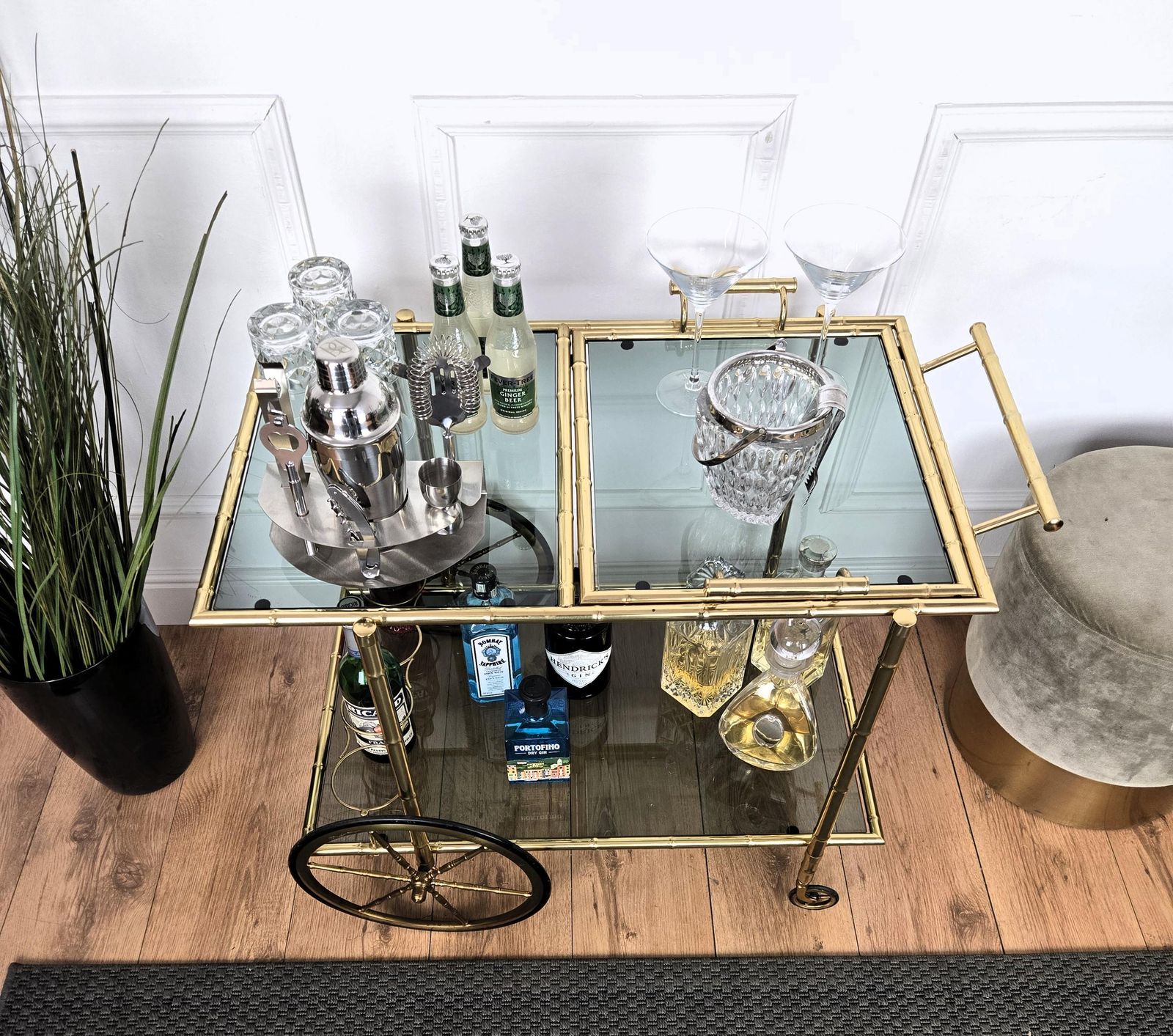 Mid Century Hollywood Regency Two Tier Brass And Glass Bar Cart, Italy, 1970s photo for sale