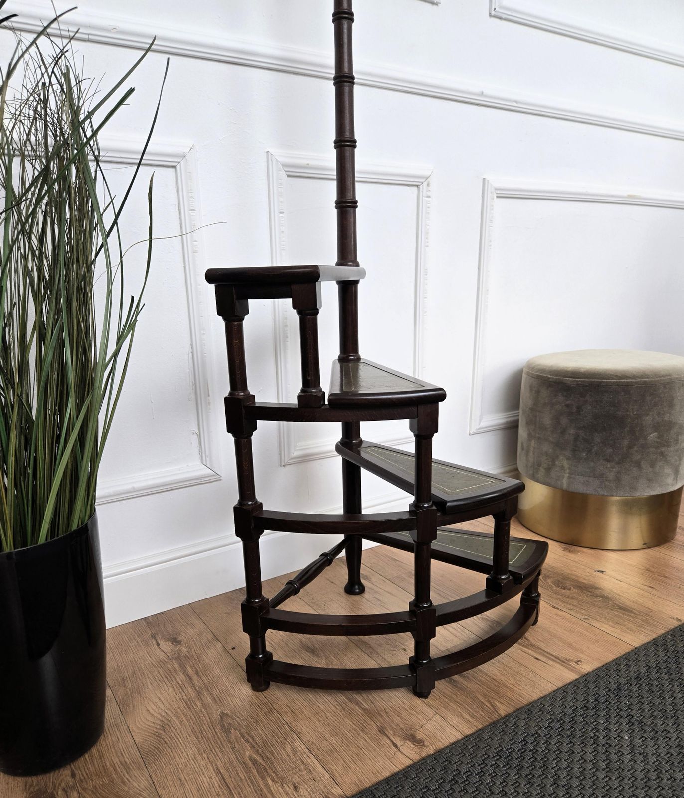 Midcentury Italian Carved Walnut Wood And Leather Spiral 4 Step Library Ladder photo buy