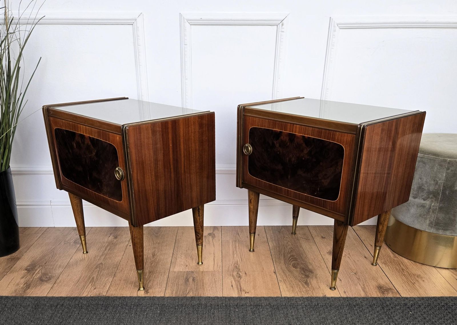photo furniture Pair Of Mid Century Italian Art Deco Nightstands Bedside Tables Walnut Glass Top