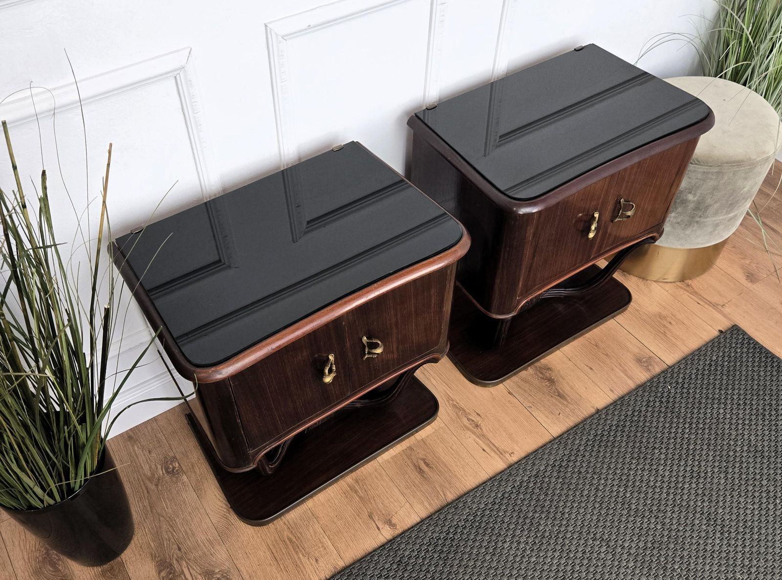 Pair Of Mid Century Italian Liberty Night Stands Bedside Tables Walnut Glass Top photo vinterior