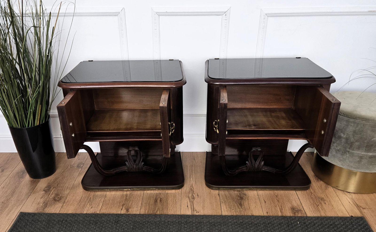 Pair Of Mid Century Italian Liberty Night Stands Bedside Tables Walnut Glass Top photo buy