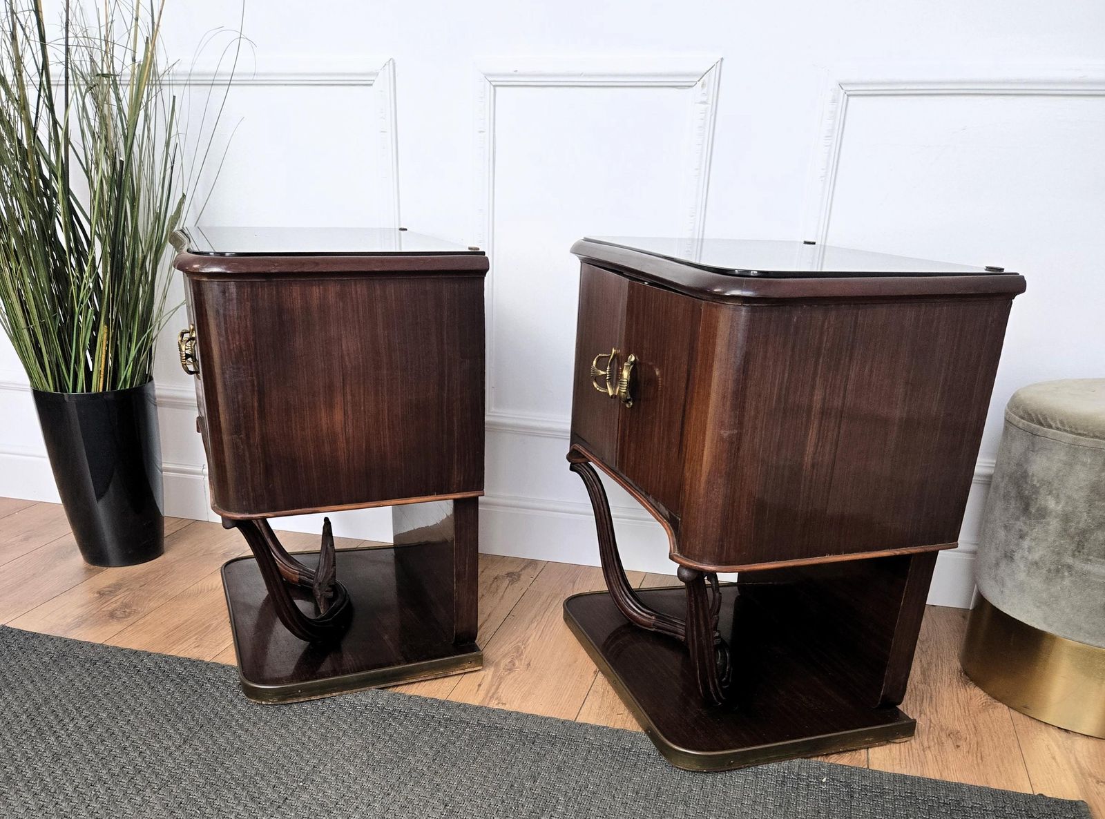 photo furniture Pair Of Mid Century Italian Liberty Night Stands Bedside Tables Walnut Glass Top