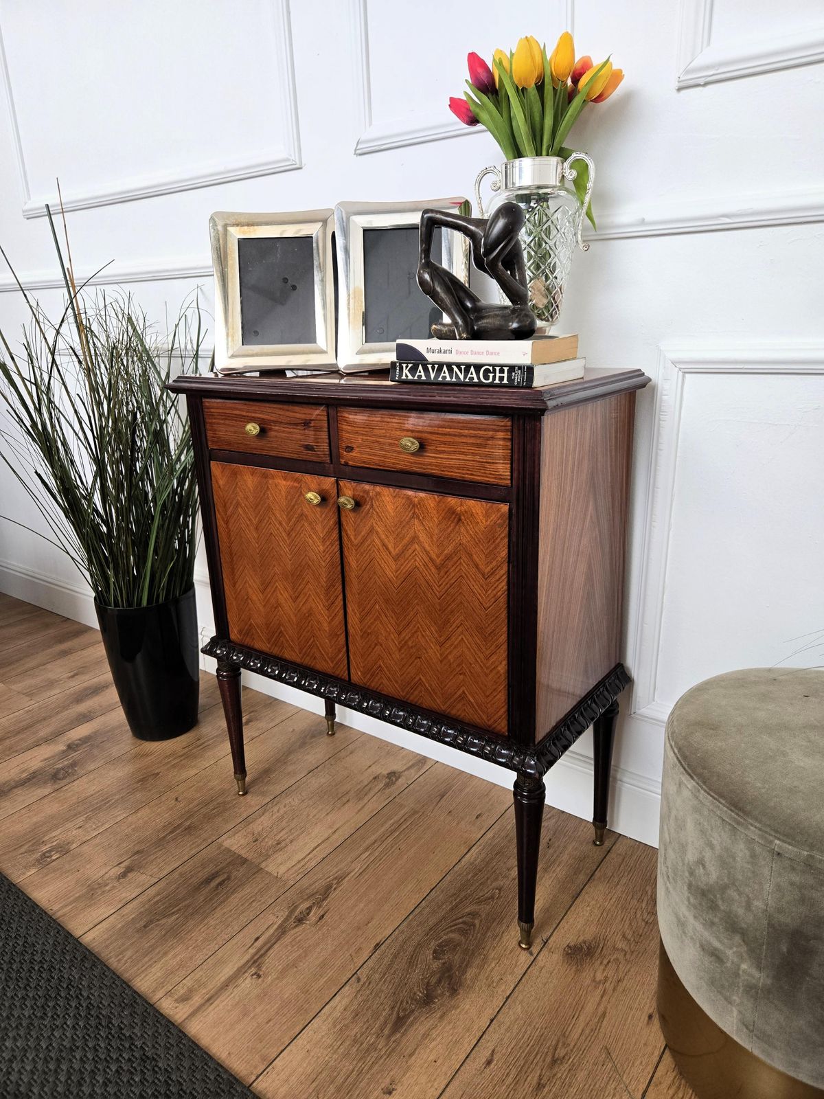 1960s Mid Century Modern Mcm Italian Wood And Brass Entryway Console Cabinet photo for sale