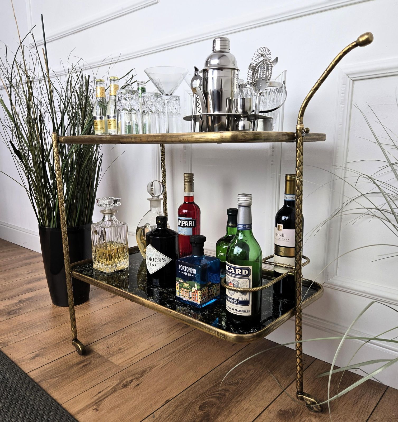 Art Deco Italian Two Tier Gilt Brass And Marble Glass Bar Cart photo vinterior