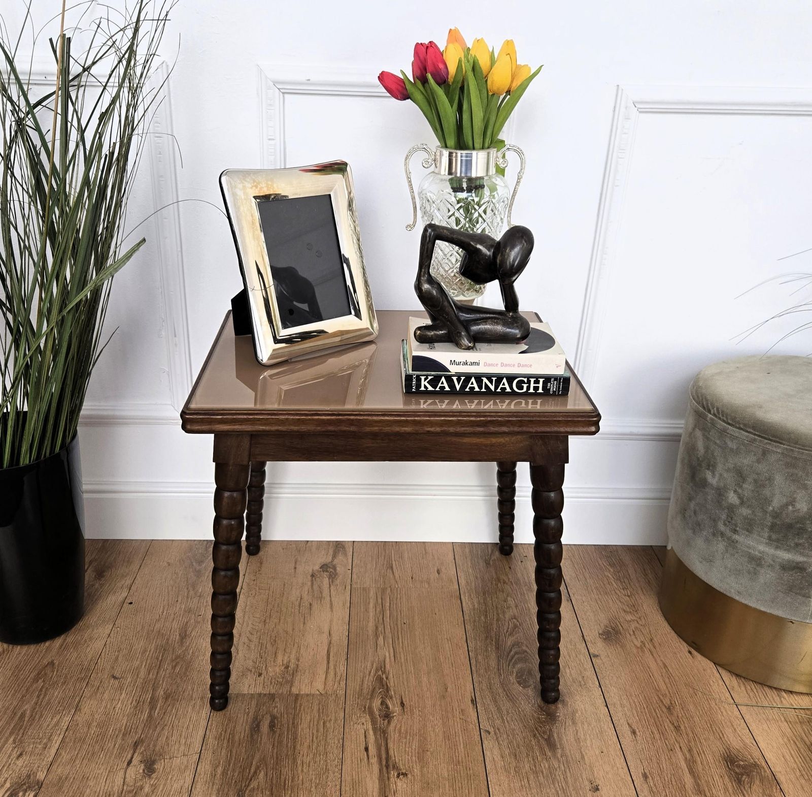Mid Century Italian Walnut Side Coffee Table With Bobbin Turned Legs Glass Top photo furniture