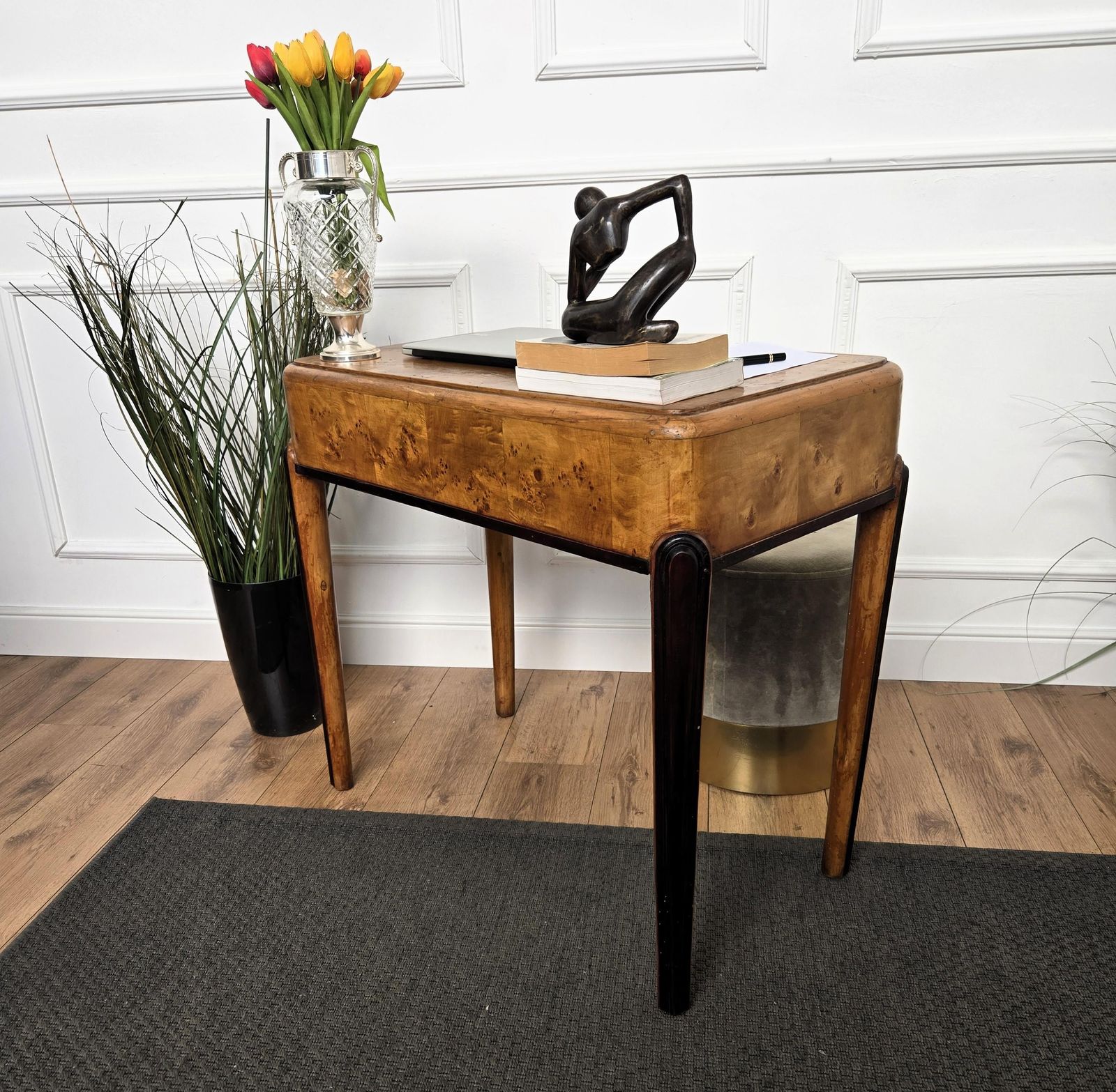 1950s Art Deco Mid Century Italian Walnut Root Burl Writing Desk Table photo vintage