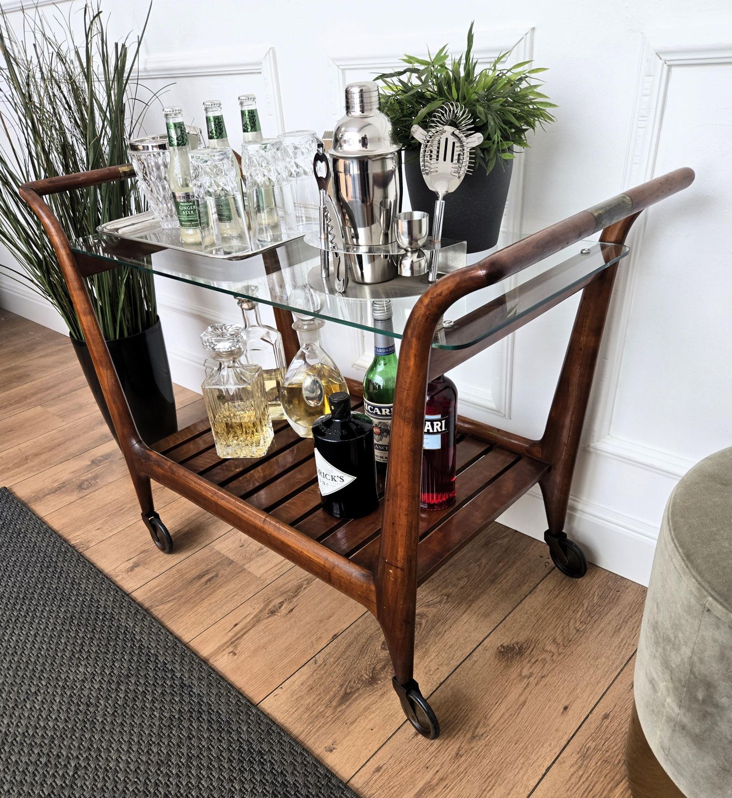 1950s Art Deco Mid Century Italian Wood And Brass Dry Bar Cabinet Liquor Cart photo vinterior