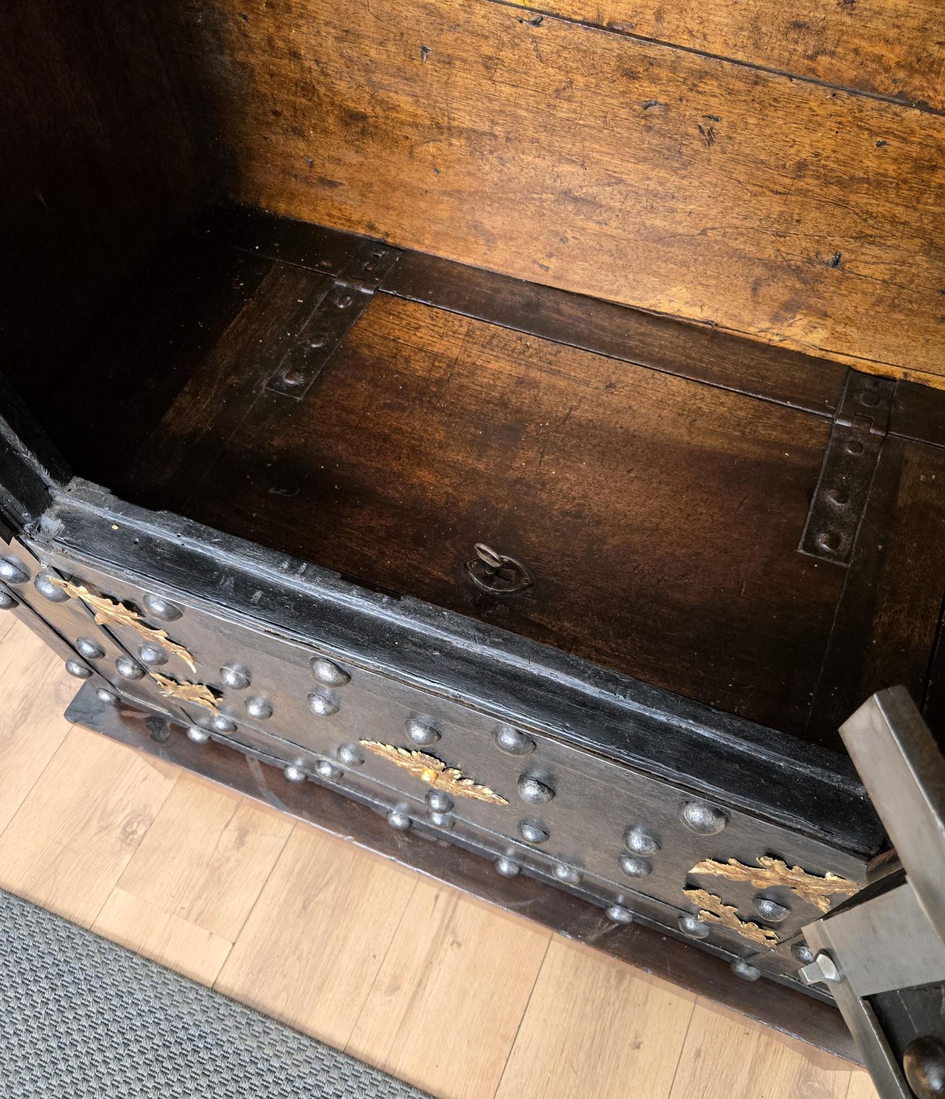 photo for sale 18th Century Wrought Iron Italian Hobnail Antique Safe Strong Box Cabinet