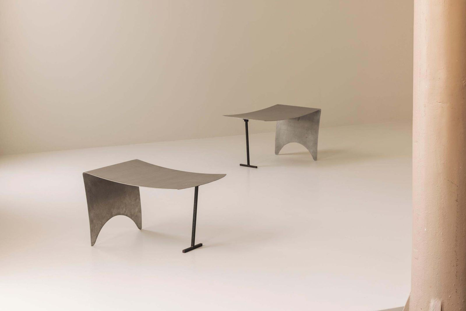 A Striking Set Modernist Curved Metal Stools From France, Dating To The 1980s. photo for sale