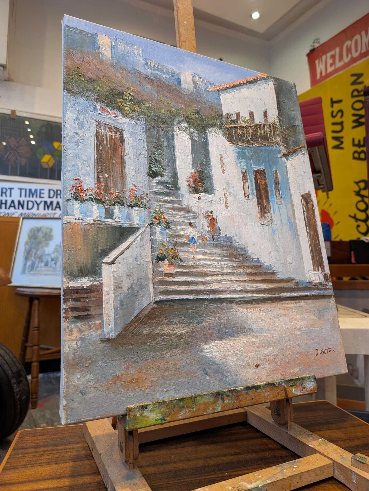 Mid 20th Century Oil On Canvas Mediterranean Street Scene. photo vintage