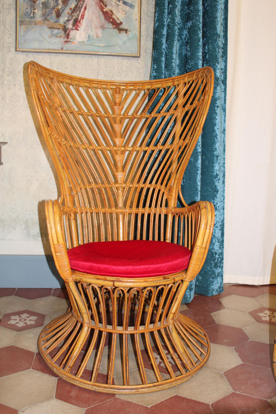 Italian Bamboo Armchair From 1950s Lio Carminati Red Velvet Cushion photo 2657.0