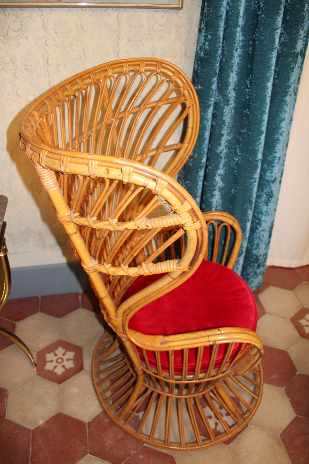 Italian Bamboo Armchair From 1950s Lio Carminati Red Velvet Cushion photo buy
