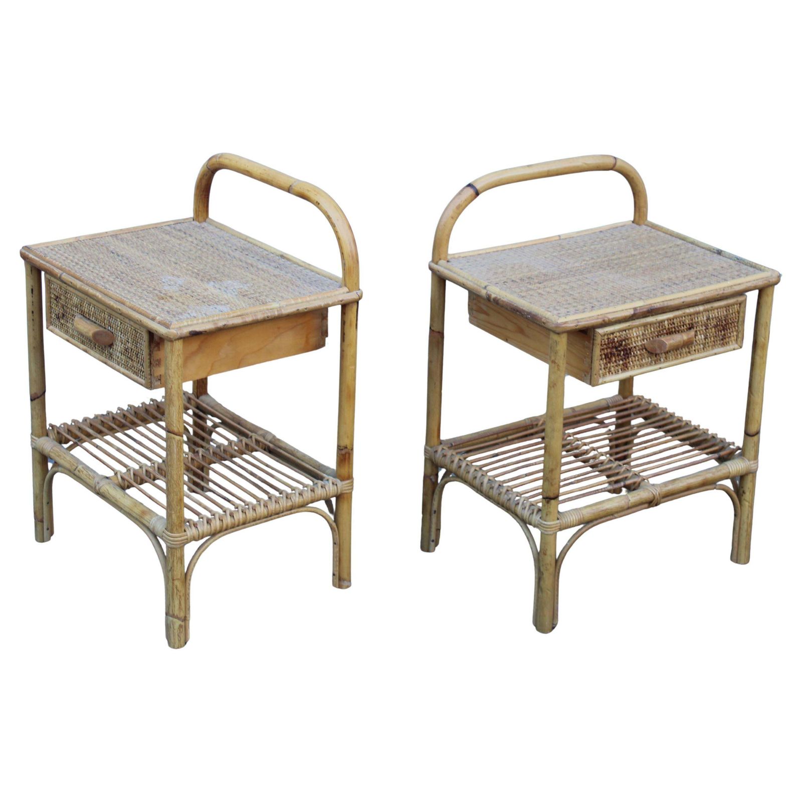 Pair Of Italian Bamboo Nightstands With Drawer And Shelf 1970