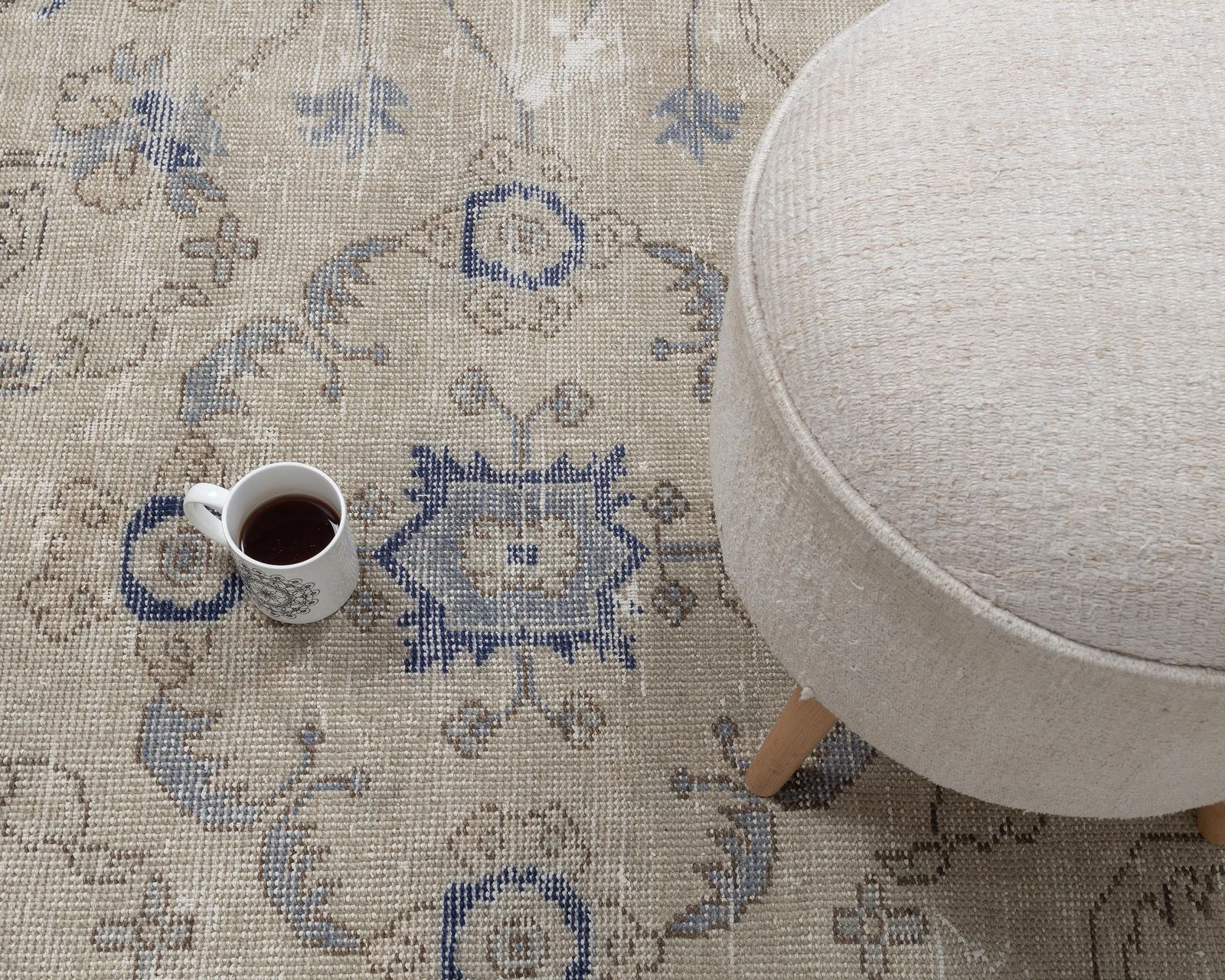 7x10 Vintage Rug, Turkish Rug Blue Beige Floral, Large Handmade Wool Area Carpet photo furniture