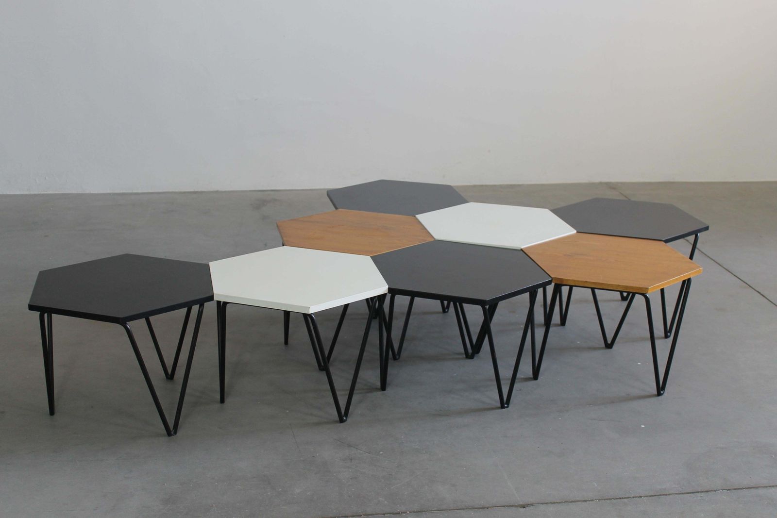 Gio Ponti Set Of Eight Hexagonal Coffee Tables In Wood And Metal I.S.A. 1950s photo furniture
