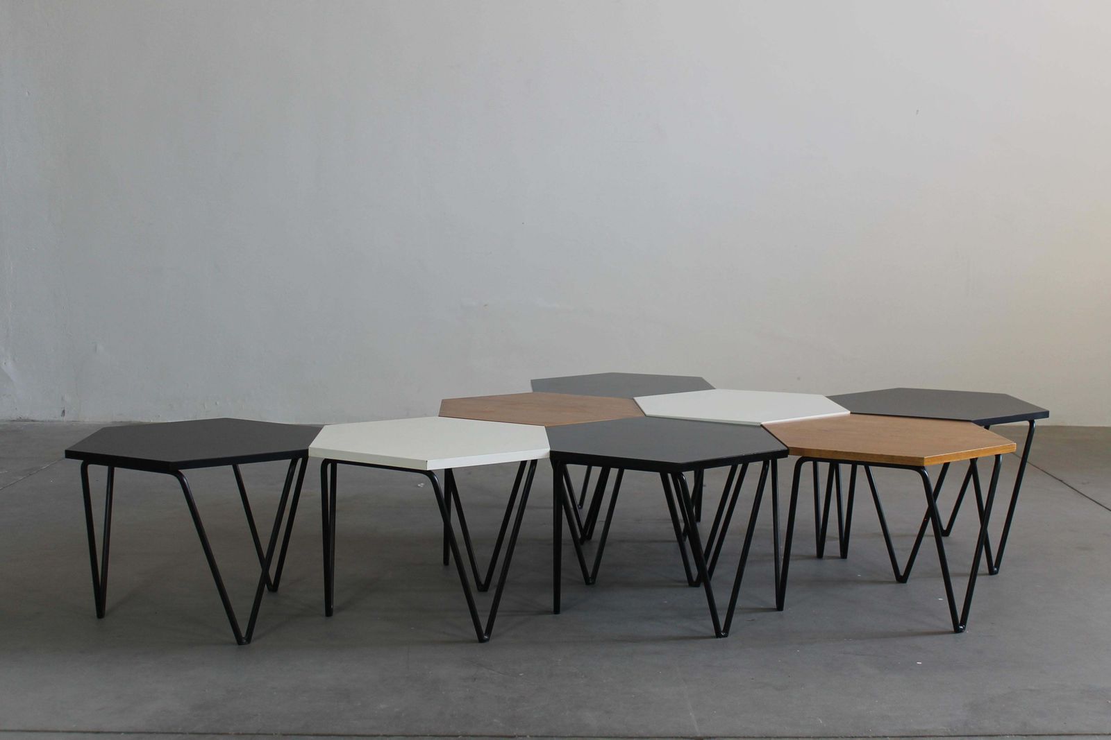 Gio Ponti Set Of Eight Hexagonal Coffee Tables In Wood And Metal I.S.A. 1950s photo 12841.0