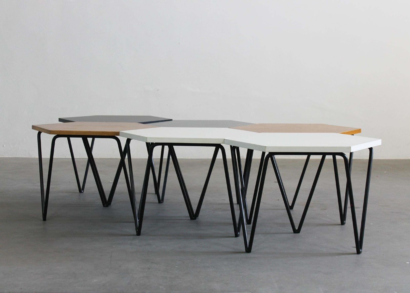 Gio Ponti Set Of Six Hexagonal Coffee Tables In Wood And Metal I.S.A. 1950s photo for sale