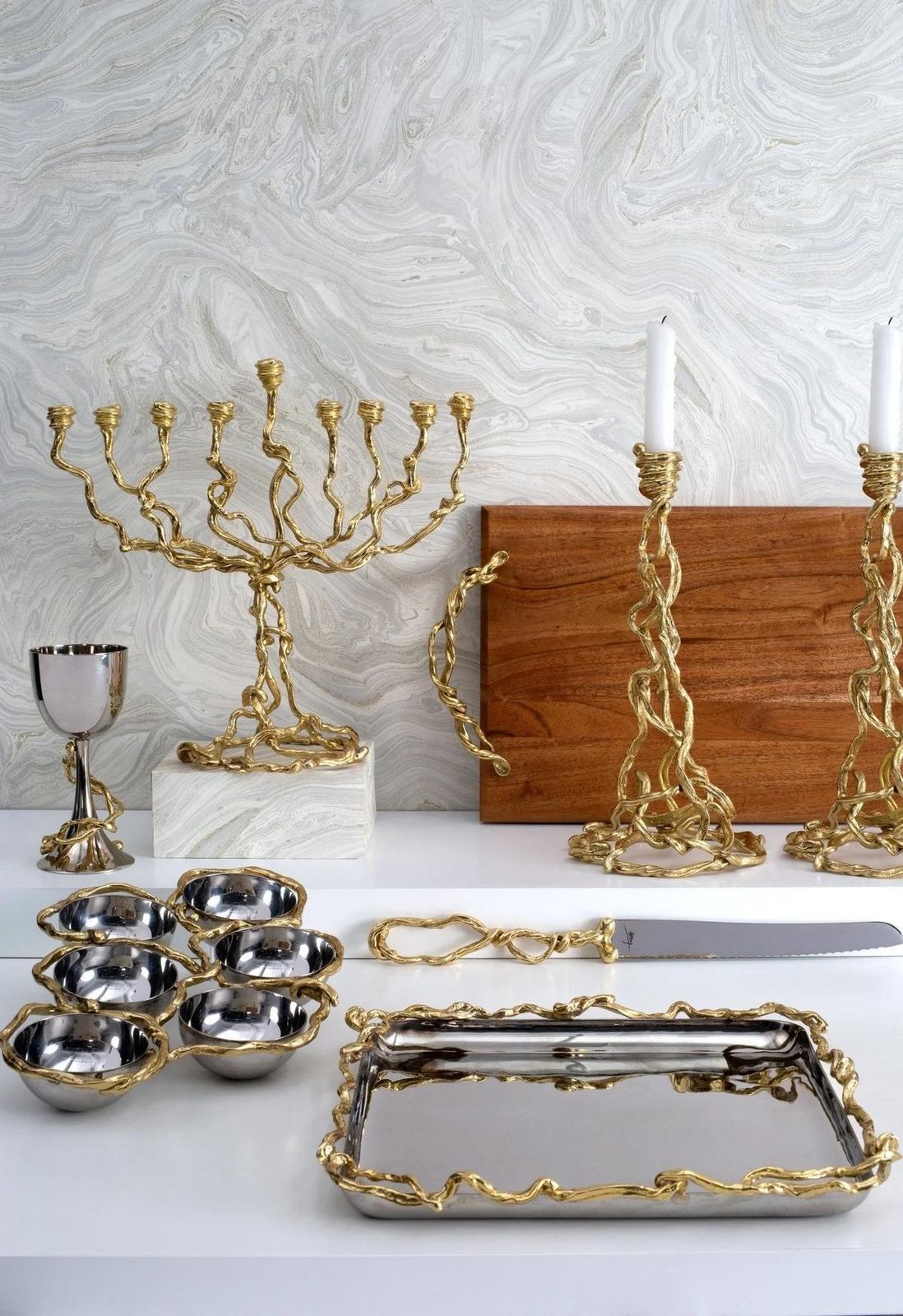 Contemporary Sculptural Wisteria Menorah In Gold Tone Cast Metal photo for sale