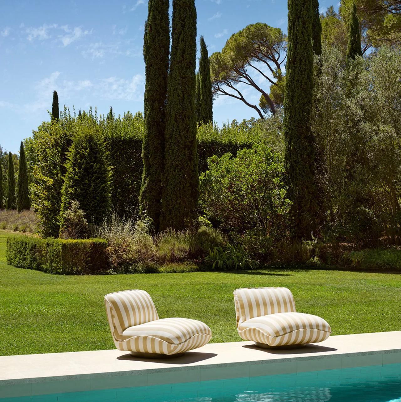 Outdoor Chair In Beige And Off White Striped Fabric With Black Bas photo Garden Furniture