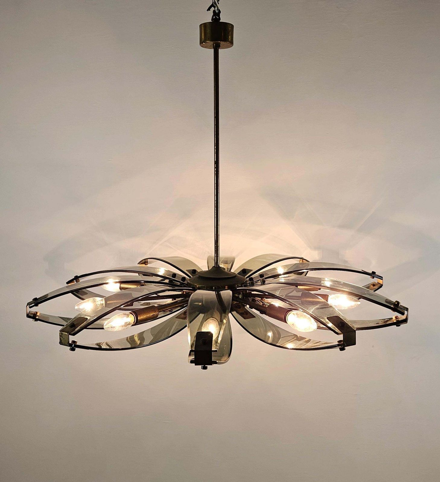 Italian Mid Century Modern Brass And Glass Chandelier, Attr. To Fontana Arte photo 3361.0