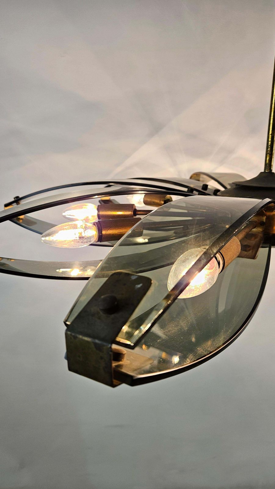 Italian Mid Century Modern Brass And Glass Chandelier, Attr. To Fontana Arte photo buy