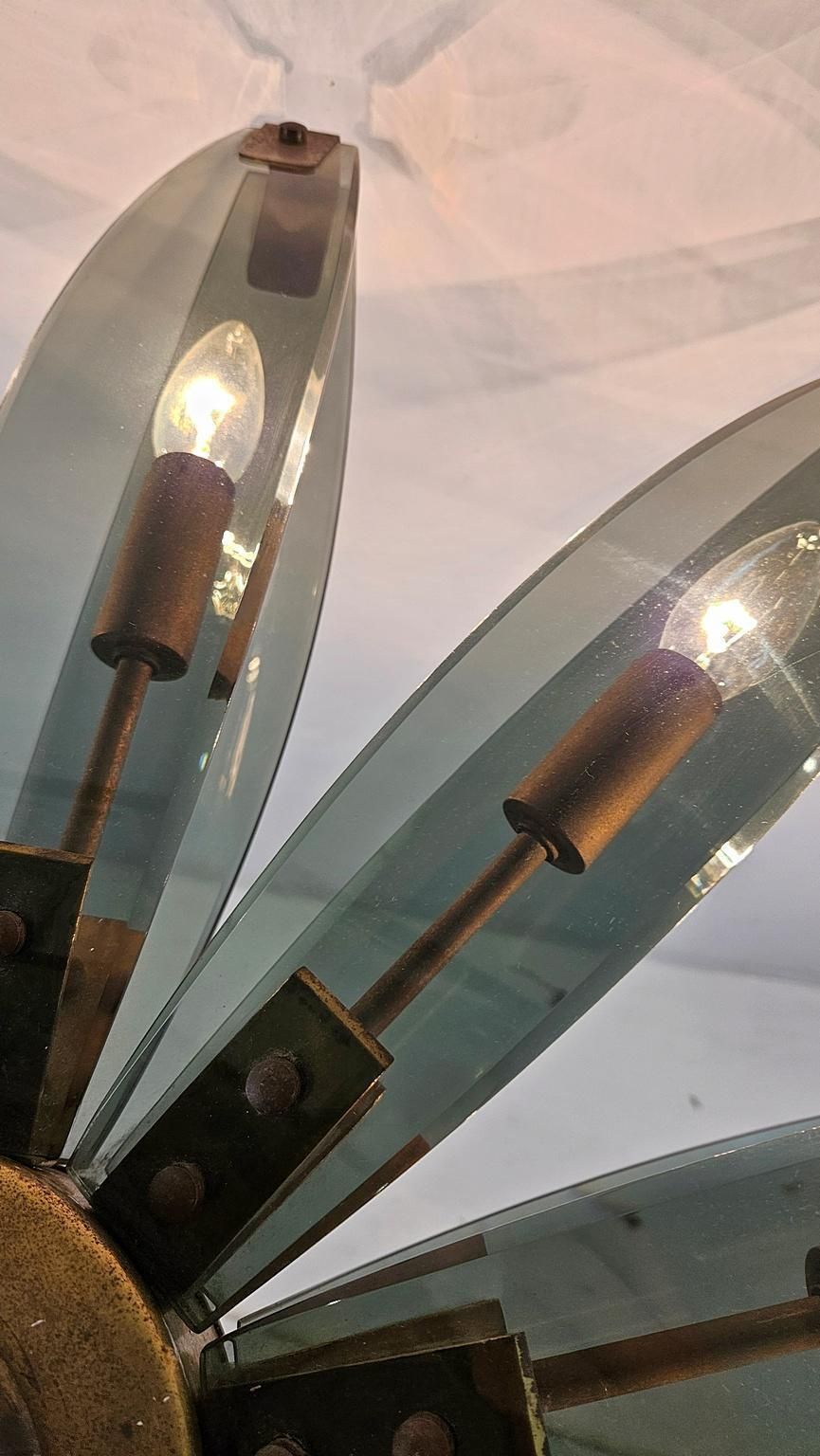 photo for sale Italian Mid Century Modern Brass And Glass Chandelier, Attr. To Fontana Arte