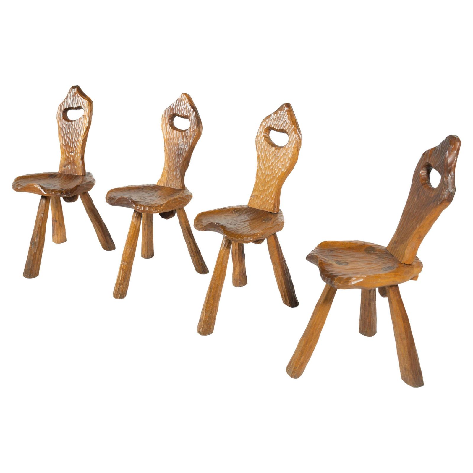 Set Of 4 Wooden Brutalist Chairs, Italy, 1970s