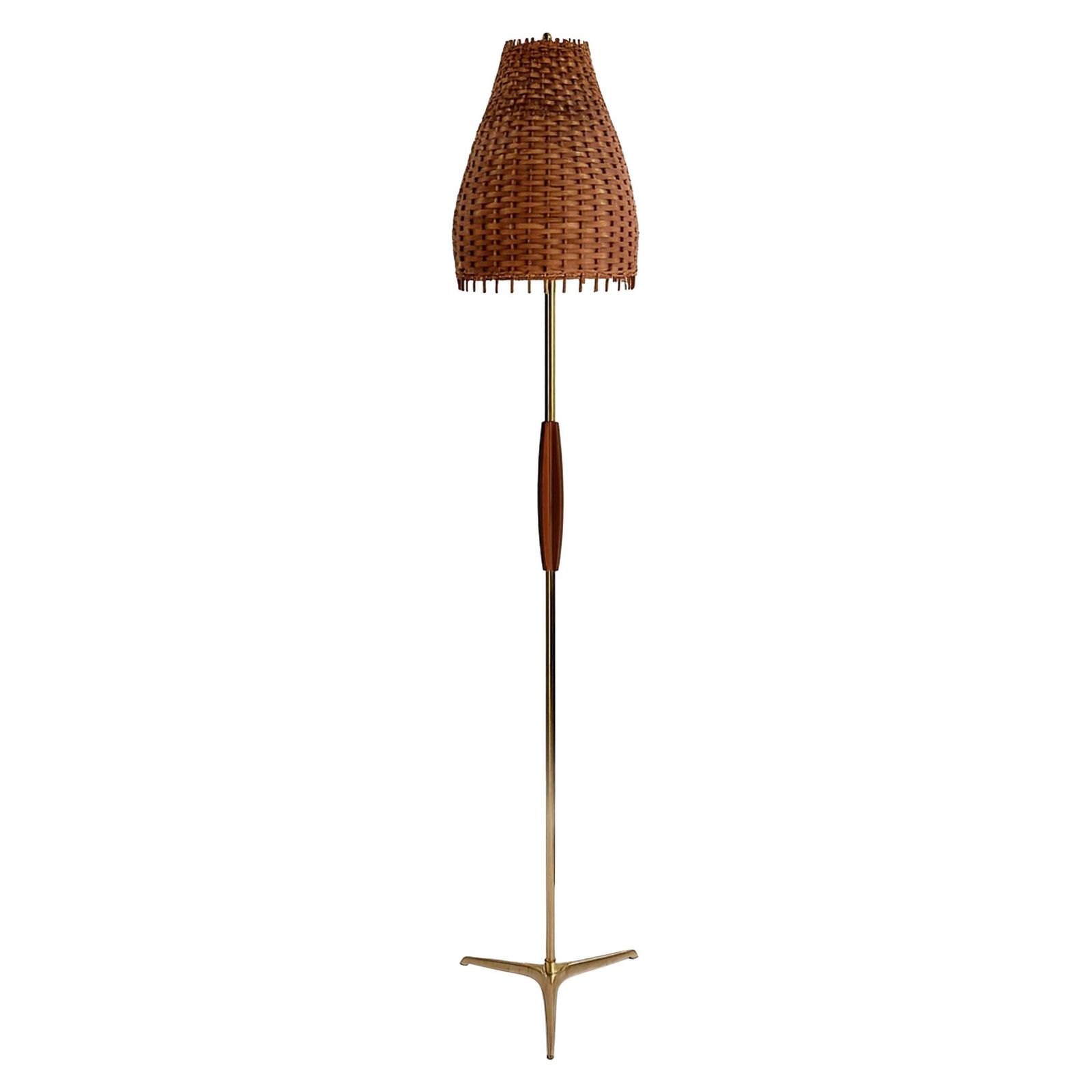Rattan, Teak & Brass Tripod Floor Lamp, Sweden 1950s To 1960s