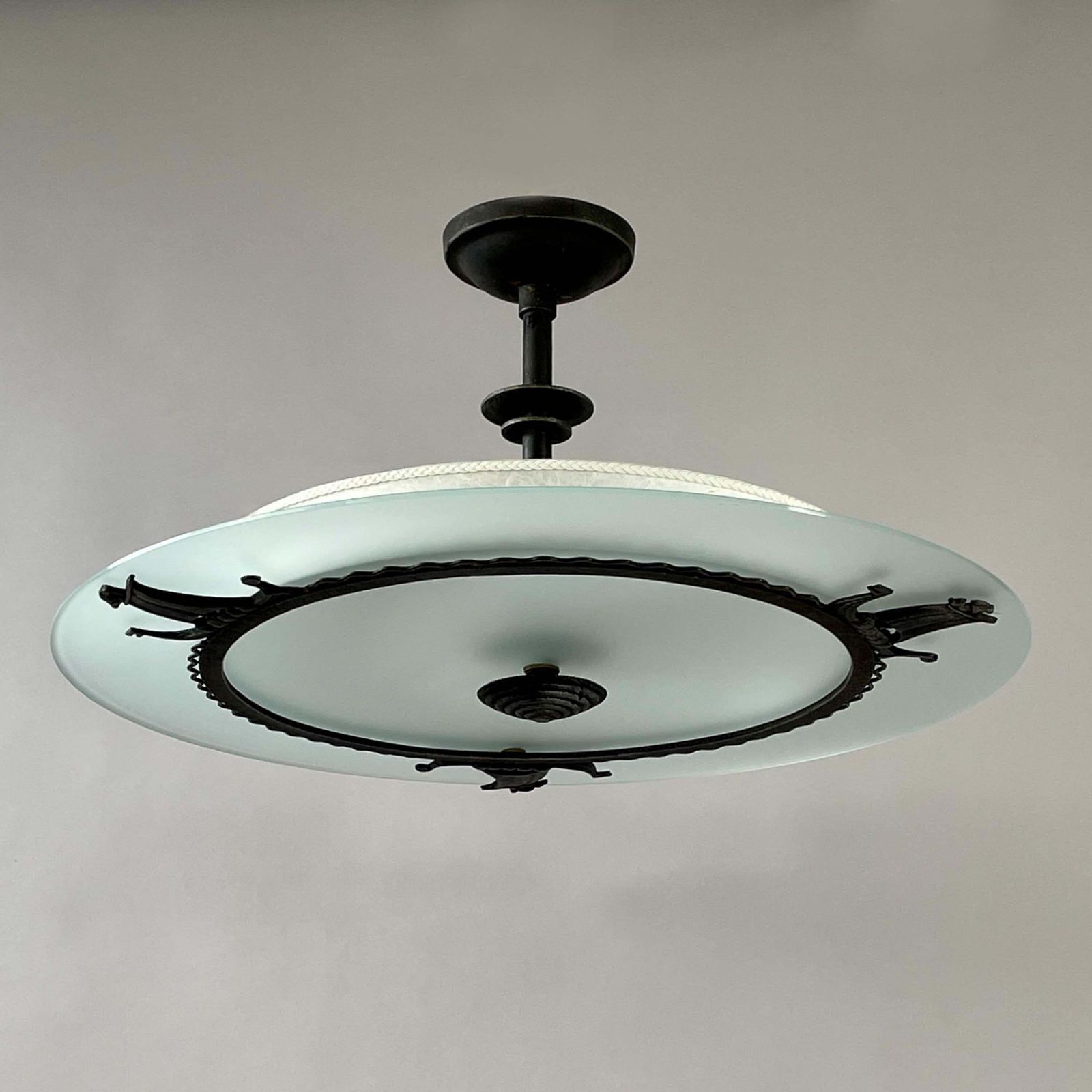 Patinated Iron, Glass & Parchment Ceiling Light By Bjerkås Armatur, Sweden 1940s photo furniture