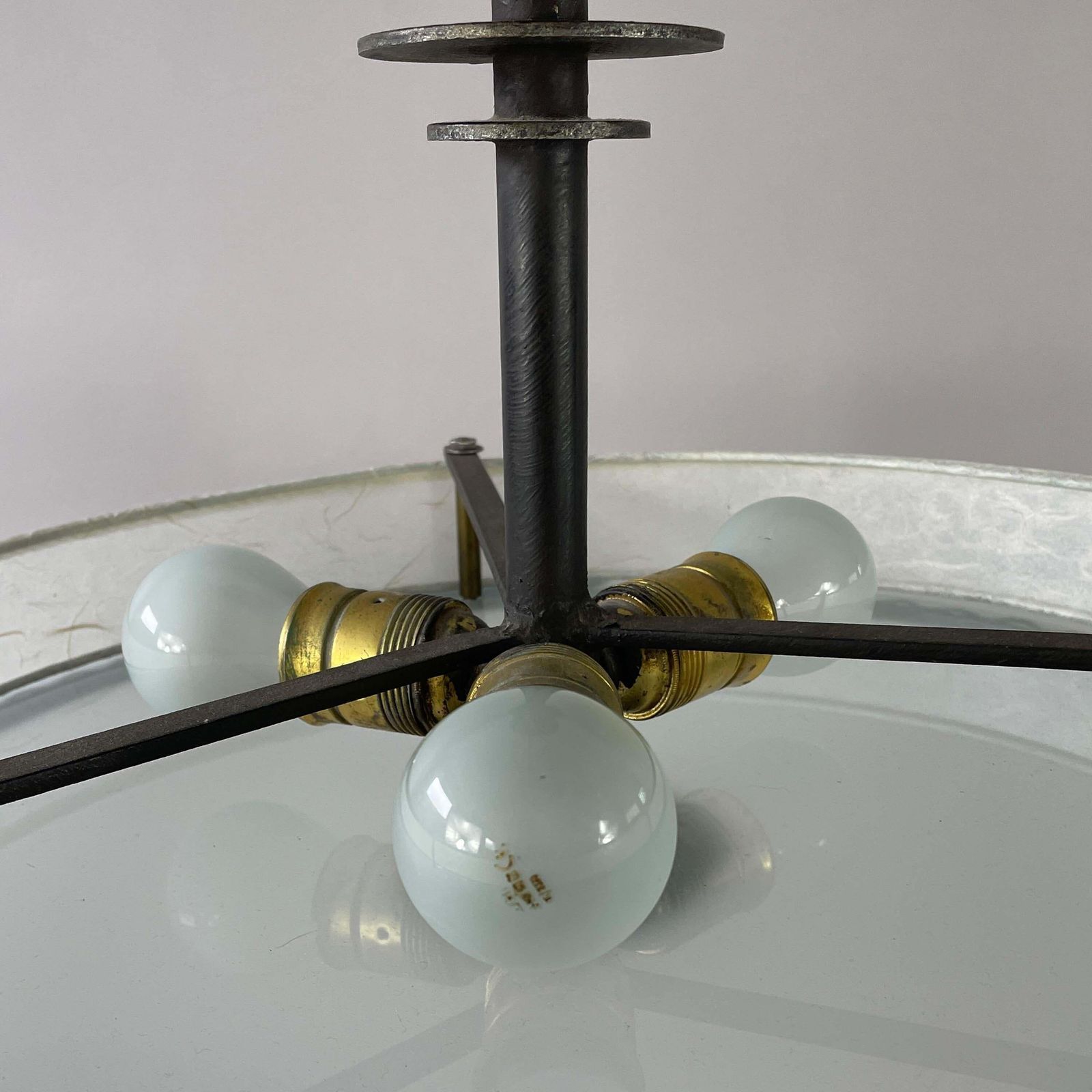 Patinated Iron, Glass & Parchment Ceiling Light By Bjerkås Armatur, Sweden 1940s photo vintage