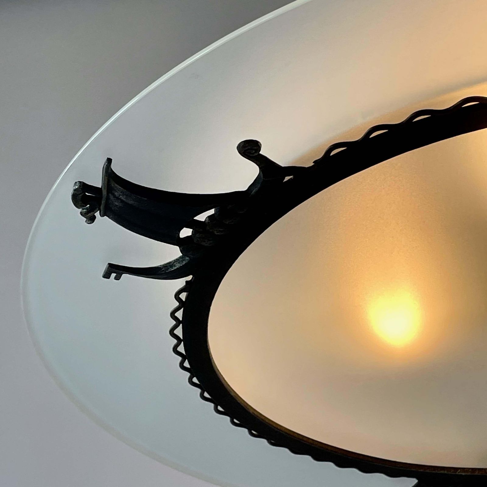 photo vinterior Patinated Iron, Glass & Parchment Ceiling Light By Bjerkås Armatur, Sweden 1940s