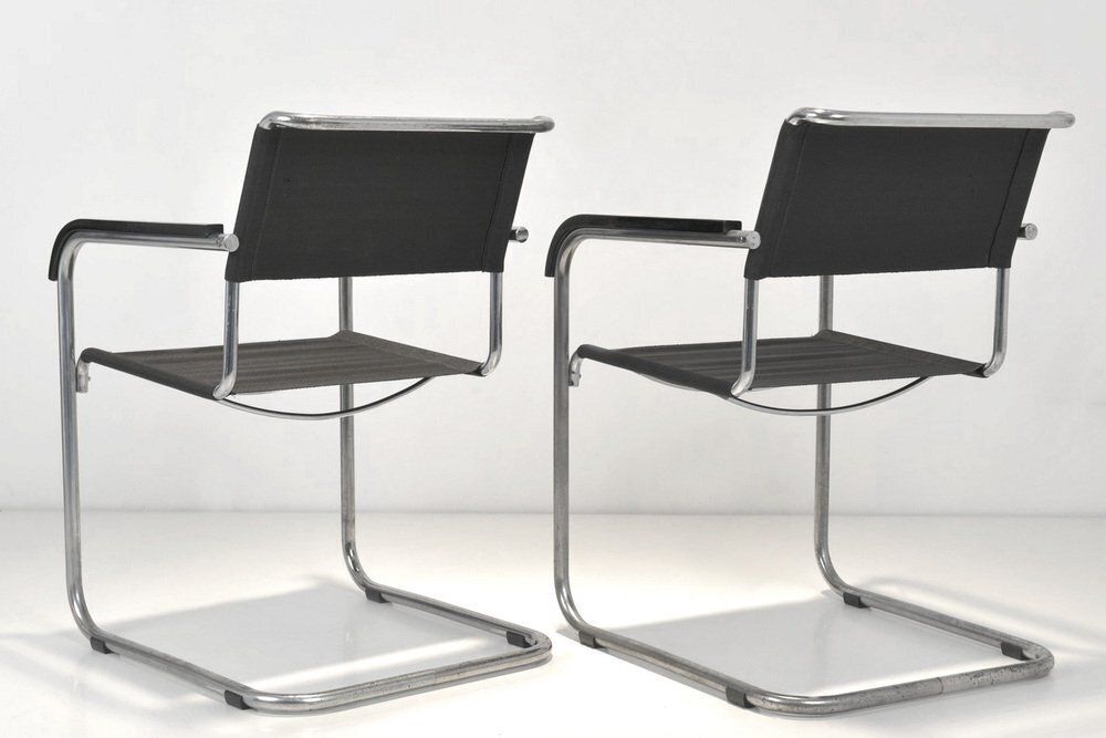 B34 Armrest Cantilever Chairs In Iron Yarn Covering And Steel Tube By Marcel Breuer For Thonet, Germany, 1928, Set Of 2 photo for sale