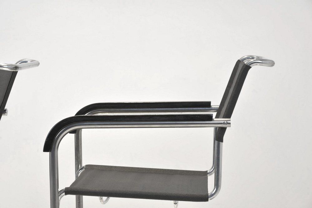Furniture B34 Armrest Cantilever Chairs In Iron Yarn Covering And Steel Tube By Marcel Breuer For Thonet, Germany, 1928, Set Of 2 photo
