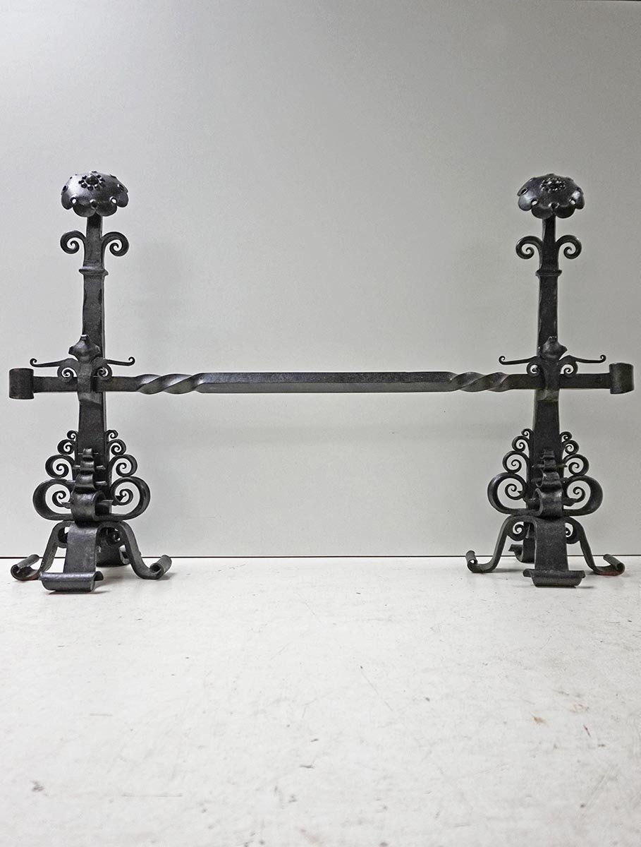 Amsterdamse School Dutch Art Deco Iron Andirons With Cross Bar, 1920s, Set Of 3 photo furniture