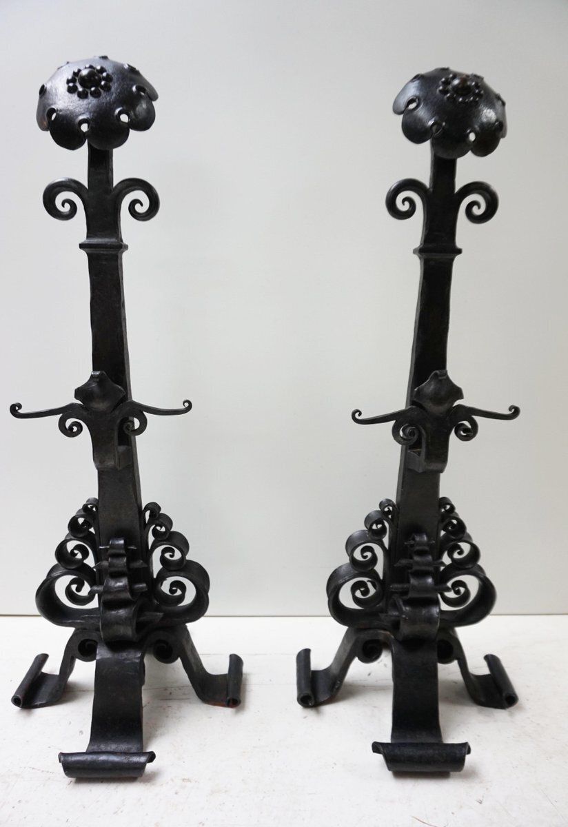 Amsterdamse School Dutch Art Deco Iron Andirons With Cross Bar, 1920s, Set Of 3 photo Home Decor