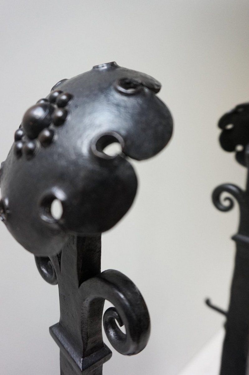 Amsterdamse School Dutch Art Deco Iron Andirons With Cross Bar, 1920s, Set Of 3 photo vinterior