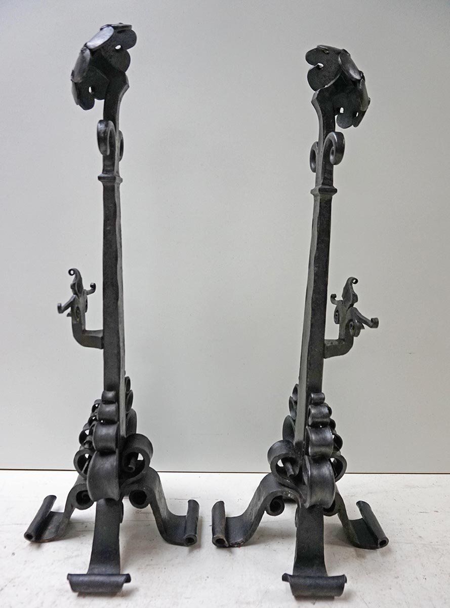 Amsterdamse School Dutch Art Deco Iron Andirons With Cross Bar, 1920s, Set Of 3 photo buy