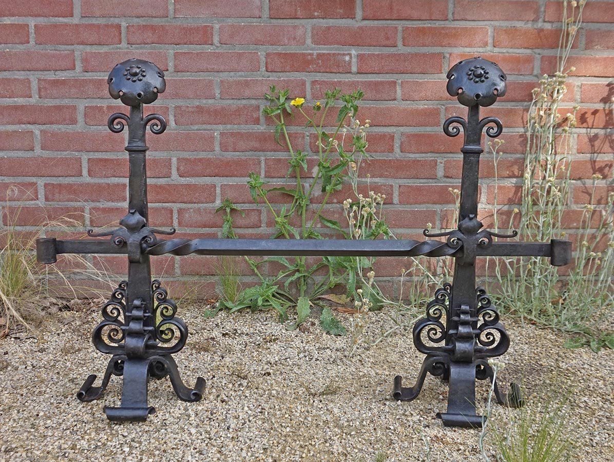 Amsterdamse School Dutch Art Deco Iron Andirons With Cross Bar, 1920s, Set Of 3 photo vintage