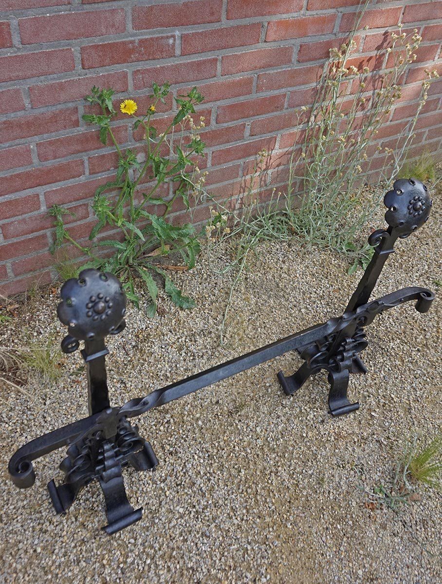 photo furniture Amsterdamse School Dutch Art Deco Iron Andirons With Cross Bar, 1920s, Set Of 3