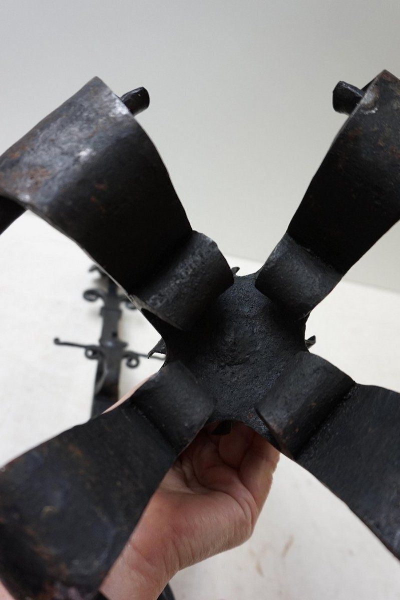 photo buy Amsterdamse School Dutch Art Deco Iron Andirons With Cross Bar, 1920s, Set Of 3